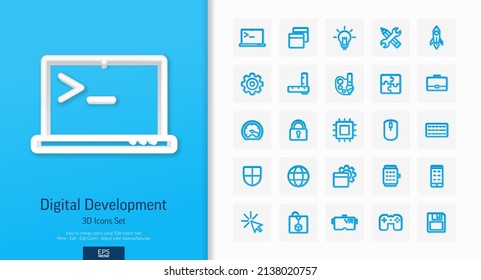 Vector 3d realistic style icons set. Illustration with digital development outline symbols. Startup, idea bulb, research, game, content, software, app programming line pictogram. Top view, shadow