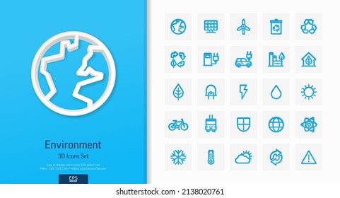 Vector 3d realistische Stilsymbole setzen. Illustration mit Umwelt- und Ökologiesymbolen. Öko-, Bio-Energie-, Windkraft-, Recycling-, Elektro-Kfz-Ladeleitung Piktogramm. Draufsicht, Schatten