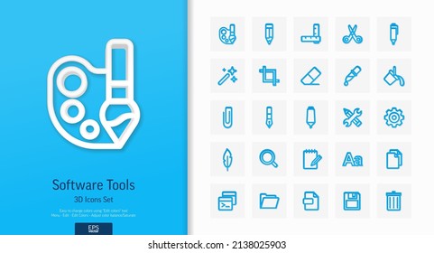 Juego de iconos de estilo realistas vectores 3d. Ilustración con edición de texto, herramientas de software gráfico delinear símbolos. Lápiz, borrador, archivo nuevo, pincel, tijeras, negrita, pictograma de línea de fuente cursiva. Vista superior, sombra