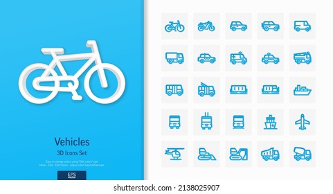 Vector 3d realistic style icons set. Illustration with vehicle, public transport, cars outline symbols. Electric auto, truck, train, bicycle, bus, metro, airplane line pictogram. Top view, shadow