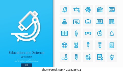 Vector 3d realistic style icons set. Illustration with education, science and laboratory research outline symbols. Idea bulb, dna code, medical development, atom line pictogram. Top view, shadow