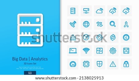 Vector 3d realistic style icons set. Illustration with big data and analytics technology outline symbols. Bigdata, database, seo, server, information security line pictogram. Top view, shadow