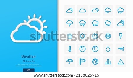 Vector 3d realistic style icons set. Illustration with weather and meteo outline symbols. Sun, cloud, rain, snow, moon, thermometer, humidity, umbrella flat line pictogram. Top view, shadow