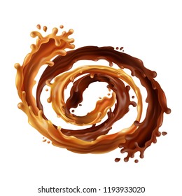 Vector 3d Realistic Swirl Of Hot Chocolate And Stream Of Caramel. Brown Liquid Food With Splashes Isolated On White Background. Creamy Pouring Elements For Package Design, Ad Posters Or Promo Banners.