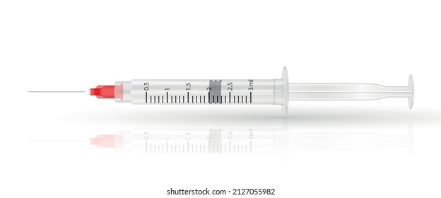 Vector 3d Realistic Syringe. Coronavirus Vaccine, Fillers, Injections, Hyaluronic Acid Closeup Isolated. Drug Ampoule Design Template, Mockup. Vaccination, Medical Concept