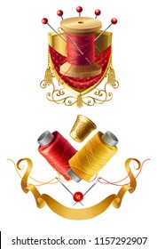 Vector 3d realistic tailor emblems. Icon of royal atelier with wooden reel with threads, needles for dressmaking, needlework. Sewing collection with ribbons. Thimble, pin cushion for handmade, hobby