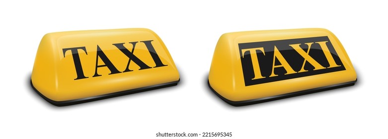Vector 3d Realista Taxi Car Roof Sign Set Closeup Isolated.Signo de Taxi Francés Amarillo, Plantilla de Diseño para Servicio de Taxi, Mockup. Vista frontal y media vuelta