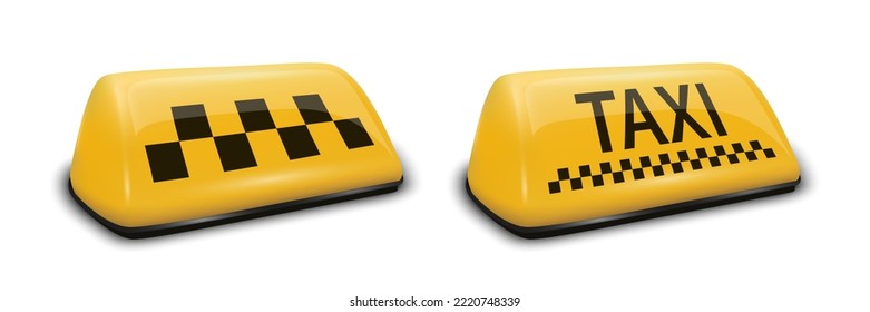 Vector 3d Realistic Taxi Car Roof Sign Icon Set Closeup Isolated.Yellow French Taxi Sign, Design Template for Taxi Service, Mockup. Front, Half Turn View