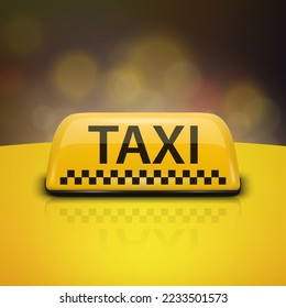 Vector 3d Realistic Taxi Car Roof Sign Icon Set Closeup on the Roof of a Car on a Blurred Background. Yellow French Taxi Sign, Design Template for Taxi Service, Mockup. Front View