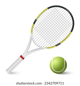 Vector 3d Realistic Tennis Ball and Racket Set Closeup Isolated on White Background. Design Templates, Tennis Sports Equipment