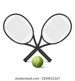 Vector 3d Bolas de tenis realistas y raquetas cruzadas cerradas aisladas de fondo blanco. Plantillas de diseño, equipos deportivos de tenis