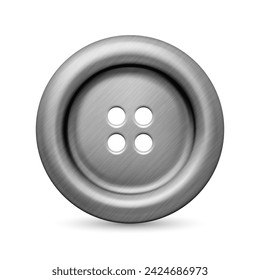 Vector 3d Realista Texturizado Gris Color de Plata Botón de Metal para la Ropa Icono Closeup Aislado. Moda, Arte, Costura, Decoración de Scrapbooking. Plantilla de diseño de botón de ropa redonda, vista frontal