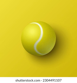 Vector 3d Realistic Textured Tennis Ball Icon Closeup Isolated on Yellow Background in Top View. Tennis Ball Design Template for Sports Concept, Competition, Advertisement. Vector Illustration