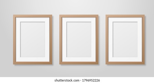 Vector 3d Realistic Three A4 Brown Wooden Simple Modern Frame on a White Wall Background. It can be used for presentations. Design Template for Mockup, Front View