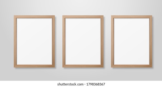 Vector 3d Realistic Three A4 Brown Wooden Simple Modern Frame on a White Wall Background. It can be used for presentations. Design Template for Mockup, Front View