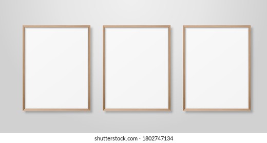 Vector 3d Realistic Three A4 Brown Wooden Simple Modern Frame on a White Wall Background. It can be used for presentations. Design Template for Mockup, Front View