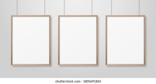 Vector 3d Realistic Three A4 Brown Wooden Simple Modern Frame on a White Wall Background. It can be used for presentations. Design Template for Mockup, Front View