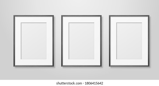 Vector 3d Realistic Three A4 Black Wooden Simple Modern Frame on a White Wall Background. It can be used for presentations. Design Template for Mockup, Front View