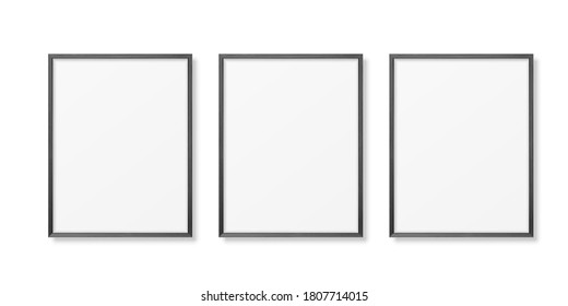 Vector 3d Realistic Three A4 Black Wooden Simple Modern Frame on a White Wall Background. It can be used for presentations. Design Template for Mockup, Front View