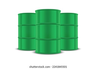 Vector 3d Realistic Three Green Barrels, Hazard Liquid. Caution Barrel, Radioactive, Hazardous Chemical Materials, Toxic Pollution, Many Danger Barrels, Set Closeup Isolated. Front View