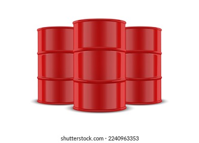 Vector 3d Realistic Three Red Barrels, Hazard Liquid. Caution Barrel, Radioactive, Hazardous Chemical Materials, Toxic Pollution, Many Danger Barrels, Set Closeup Isolated. Front View