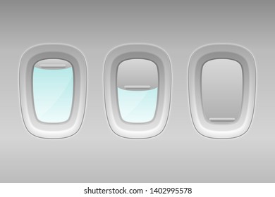 Vector 3d Realistic Three White Plastic Portholes Of Airplane With Open And Closed Window Shades. Icon Set Closeup. View From Aircraft Flight Window. Travel And Tourism Concept