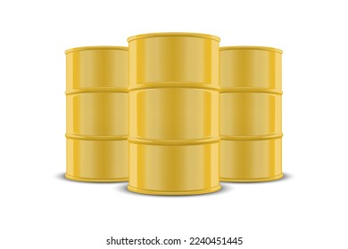 Vector 3d Realistic Three Yellow Barrels, Hazard Liquid. Caution Barrel, Radioactive, Hazardous Chemical Materials, Toxic Pollution, Many Danger Barrels, Set Closeup Isolated. Front View