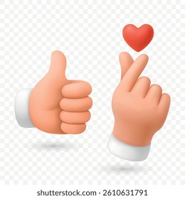 Vector 3D Realistic Thumbs Up, Korean Finger Heart Gestures. Like Symbol, Cartoon Hands Closeup Isolated. Design Template for Social Media, Love Reaction, Positive Feedback Concept
