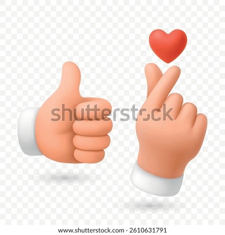 Vector 3D Realistic Thumbs Up, Korean Finger Heart Gestures. Like Symbol, Cartoon Hands Closeup Isolated. Design Template for Social Media, Love Reaction, Positive Feedback Concept
