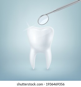 Vector 3d Realistic Tooth and Dental Mirror for Teeth Closeup on Blue Background. Medical Dentist Tool. Design Template, Clipart, Mockup. Dentistry, Healthcare, Hygiene Concept