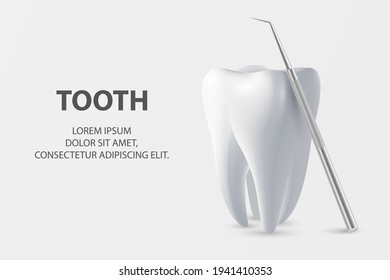 Vector 3d Realistic Tooth and Dental Probe for Teeth Closeup on White Background. Medical Dentist Tool. Design Template, Clipart, Mockup. Dentistry, Healthcare, Hygiene Concept