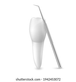 Vector 3d Sonda dental y dental realista para dientes cerrados aislados en fondo blanco. Herramienta Médica Dentista. Plantilla de diseño, Clipart, Mockup. Odontología, salud, concepto de higiene