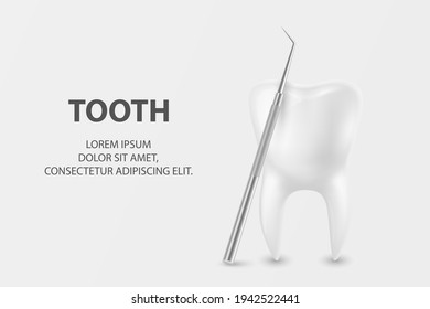 Vector 3d Realistic Tooth and Dental Probe for Teeth Closeup on White Background. Medical Dentist Tool. Design Template, Clipart, Mockup. Dentistry, Healthcare, Hygiene Concept