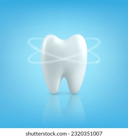 Vector 3d Realistic Tooth. Dental Inspection Banner, Plackard. Tooth Icon Closeup on Blue Background. Medical, Dentist Design Template. Dental Health Concept