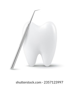 Vector 3d Realistic Tooth and Dental Probe for Teeth Closeup Isolated on White Background. Medical Dentist Tool. Design Template, Clipart, Mockup. Dentistry, Healthcare, Hygiene Concept