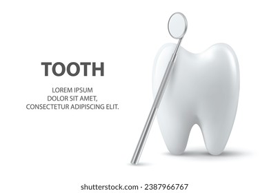 Vektor 3d Realistischer Stand und Zahnspiegel, Nahaufnahme einzeln auf weißem Hintergrund. Medical Dentist Banner. Design-Vorlage, Clipart, Mock-up. Zahnheilkunde, Gesundheitswesen, Hygienekonzept