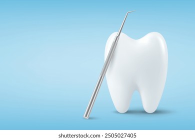 Vector 3d Realistic Tooth and Dental Probe for Teeth Closeup Isolated on Blue Background. Medical Dentist Tool. Design Template, Clipart, Mockup. Dentistry, Healthcare, Hygiene Concept