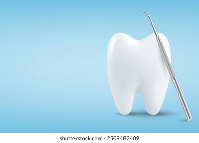 Vector 3d diente realista y sonda dental para dientes de primer plano aislado sobre fondo azul. Herramienta de dentista médico. Plantilla de diseño, Clipart, maqueta. Odontología, cuidado de la salud, concepto de higiene