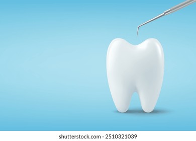 Vector 3d Realistic Tooth and Dental Probe for Teeth Closeup Isolated on Blue Background. Medical Dentist Tool. Design Template, Clipart, Mockup. Dentistry, Healthcare, Hygiene Concept