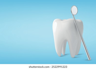 Vetor 3D Realistic Tooth and Dental Mirror for Teeth Closeup Isolado no Fundo Azul. Dentista Médico. Modelo de design, Clipart, Mockup. Odontologia, Saúde, Conceito de Higiene