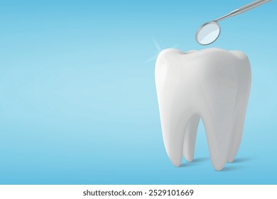 Vetor 3D Realistic Tooth and Dental Mirror for Teeth Closeup Isolado no Fundo Azul. Dentista Médico. Modelo de design, Clipart, Mockup. Odontologia, Saúde, Conceito de Higiene
