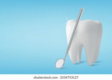 Vector 3D Realistic Tooth and Dental Mirror for Teeth Closeup Isolated on Blue Background. Medical Dentist Tool. Design Template, Clipart, Mockup. Dentistry, Healthcare, Hygiene Concept