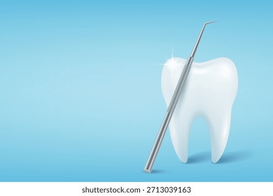 Vector 3d Realistic Tooth. Diente blanco sano con la sonda dental en fondo azul. Herramienta Explorador Dental. Concepto de diente de cuidado oral. Equipo de dentista y examen dental