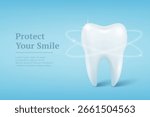 Vector 3d Realistic Tooth on Blue Background. Healthy White Tooth with Glowing Light Effect for Dental Clinic. Banner with Tooth for Dentistry, Tooth Care Concept, Oral Hygiene, Dentist Clinic Design