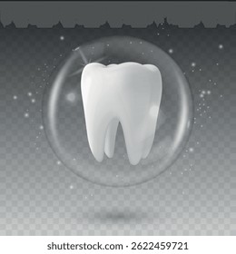 Vetor 3D Dente realista em um ícone de bolha protetora isolado. Modelo de Design, Clipart. Odontologia, Saúde, Medicina, Higiene, Conceito de Proteção
