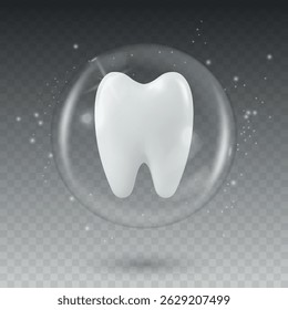 Vector 3D Realistic Tooth in a Protective Bubble Icon Isolated. Design Template, Clipart. Dentistry, Healthcare, Medical, Hygiene, Protection Concept