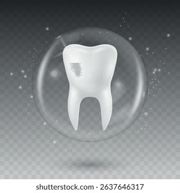 Vector 3D Realistic Tooth in a Protective Bubble Icon Isolated. Design Template, Clipart. Dentistry, Healthcare, Medical, Hygiene, Protection Concept