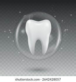 Vector 3D Realistic Tooth in a Protective Bubble Icon Isolated. Design Template, Clipart. Dentistry, Healthcare, Medical, Hygiene, Protection Concept