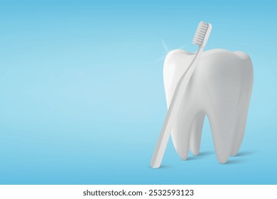 Vetor 3D dente realista com escova de dentes. Limpeza Dos Dentes, Cuidados Dentários, Higiene. Ilustração dentária para cuidados dentários, saúde, conceito de cuidados orais. Design de escova de dentes e dentes vetorial