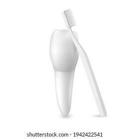 Vector 3d Realistic Toothbrush and Tooth Closeup Isolated on White Background. Medical Dentist Illustration. Design Template, Clipart, Mockup. Dental Health Concept